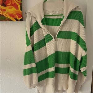Aerie Green and Cream Striped half zip Sweater